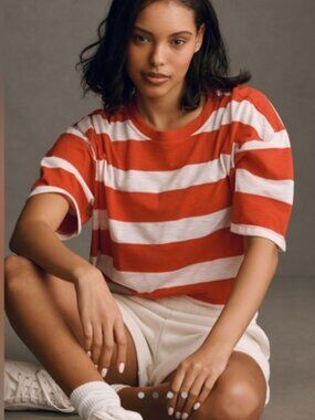T.La Anthropologie Short Sleeve Crop Crew Tee in Red & White Stripe Women's S